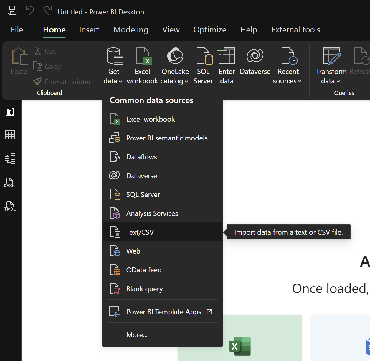 Getting CSV file using the Get Data button in Power BI Desktop