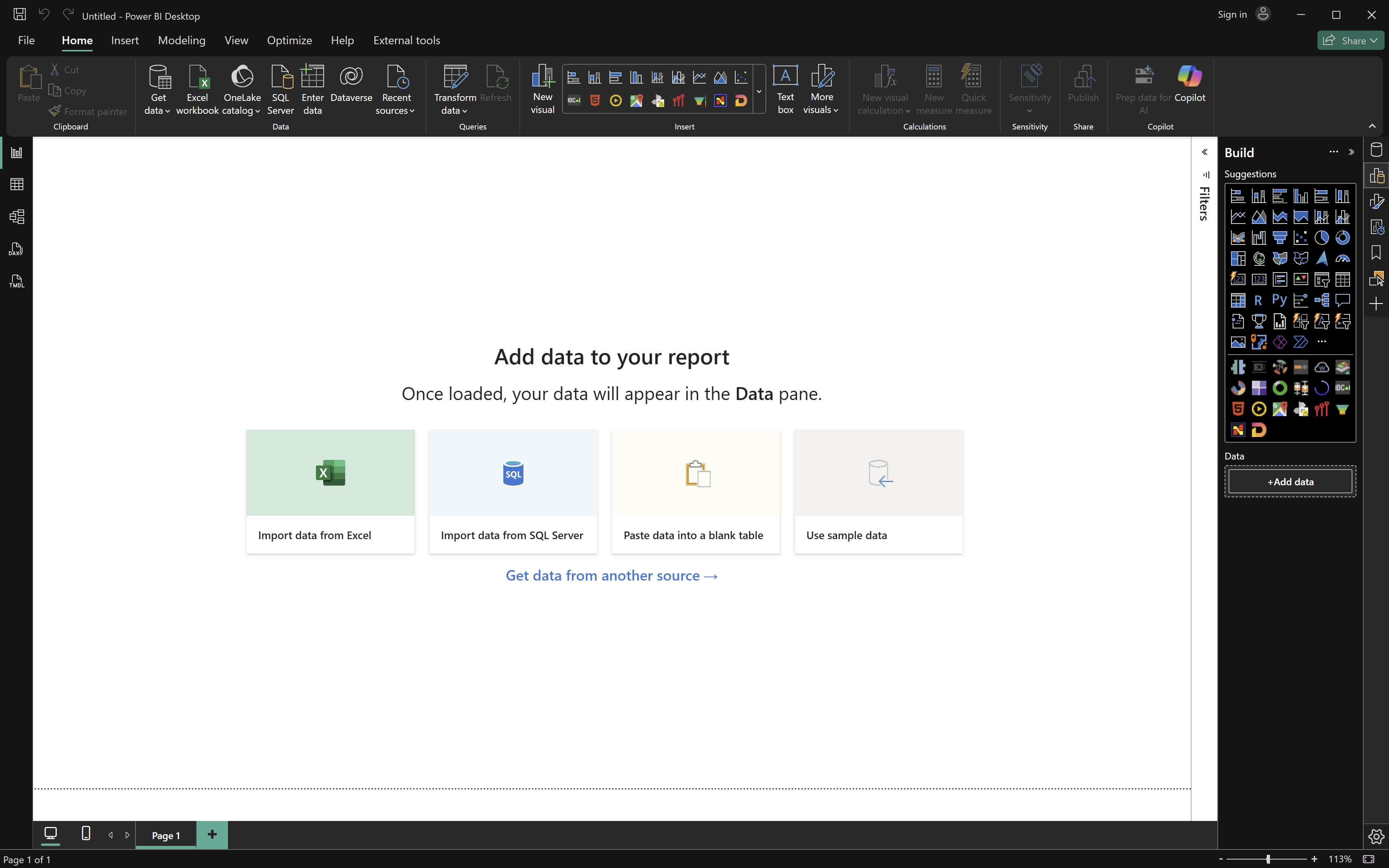 Power BI Desktop start screen